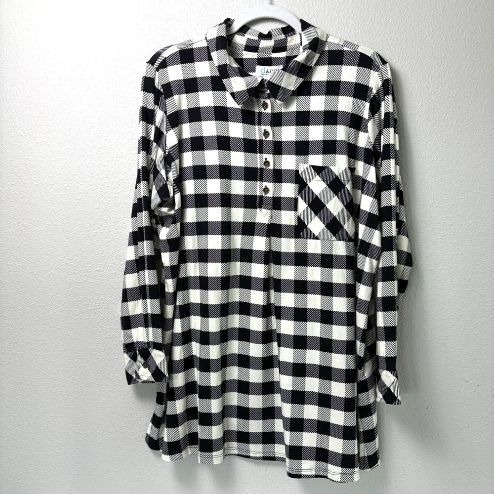 Denim‎ & Co Jersey Henley Tunic Top Petite 1X 1XP White Black Buffalo Check